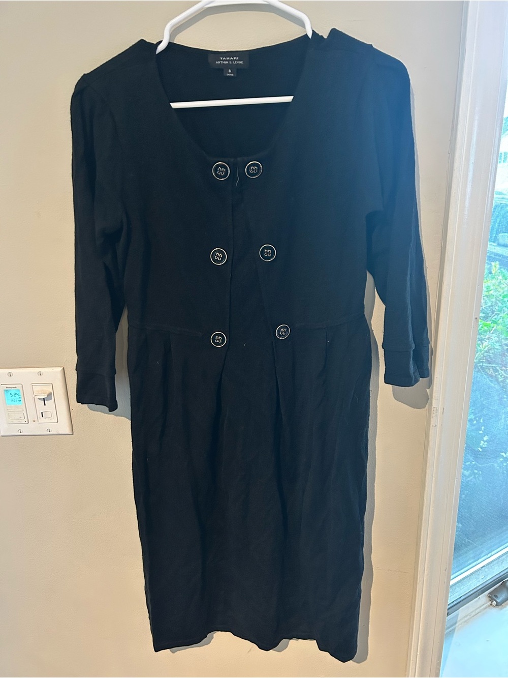 Tahari ASL Black Double-Breasted Midi Dress with Decorative Buttons
